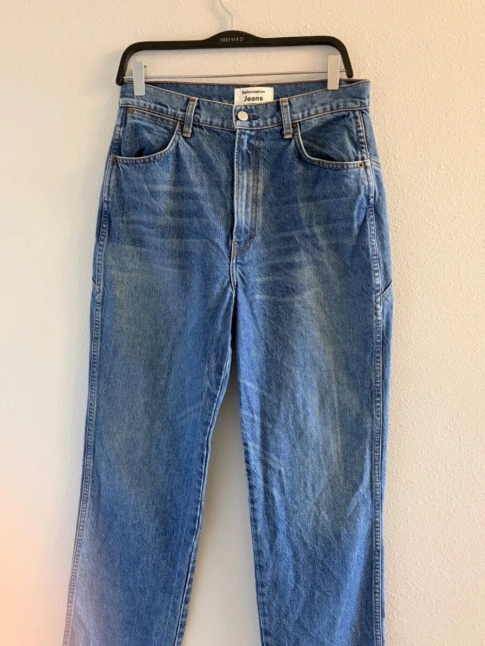 Reformation Blue Straight Leg Jeans with Star Patch - Picture 2 of 3